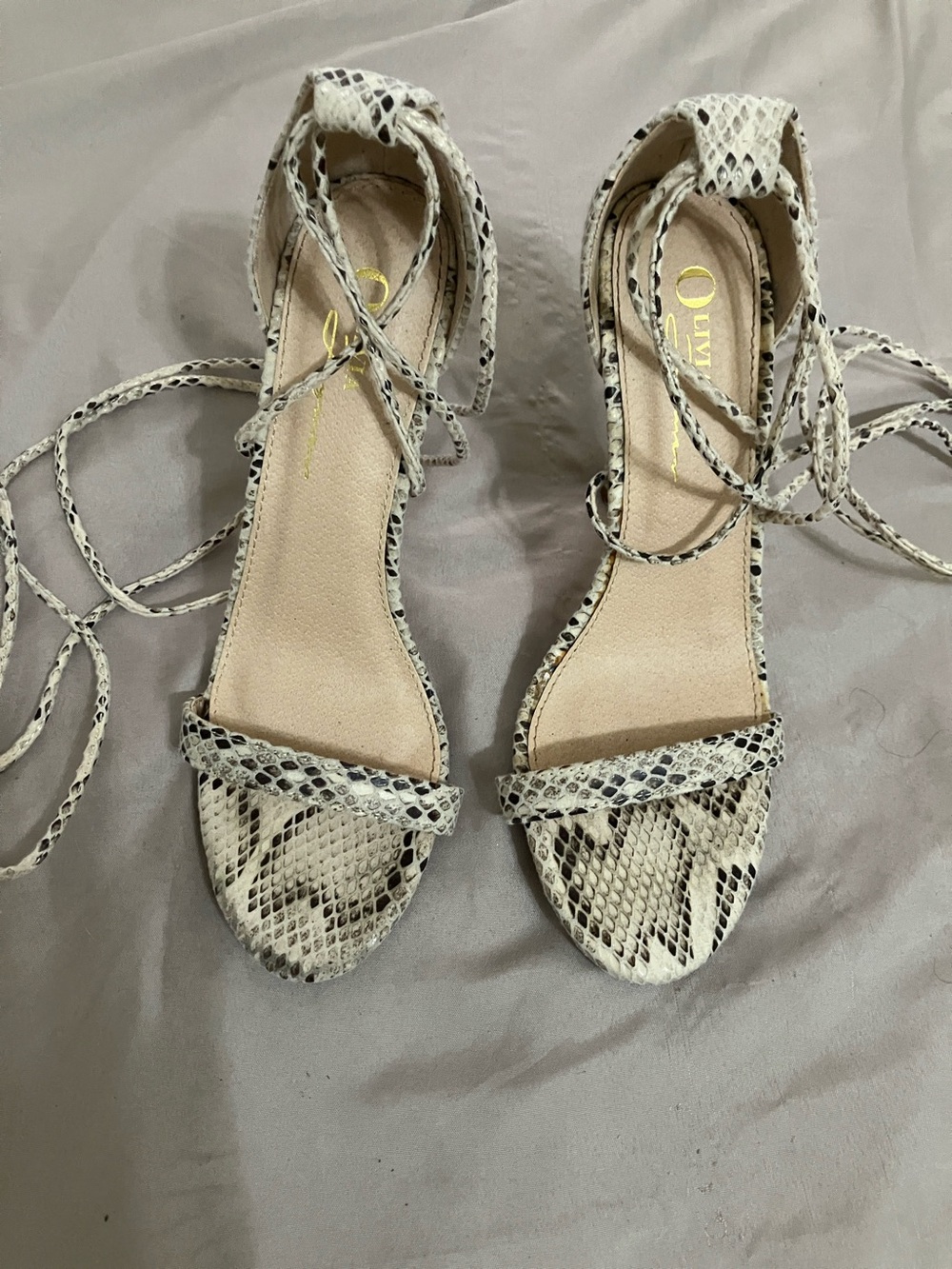 Snake-Print Lace-Up Heels in Ivory and Black